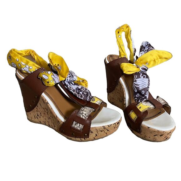 MISS SIXTY NORA Women's Brown Yellow Wedge Heel Sandal's Size 8 (EU 38) Y2K - Picture 1 of 12